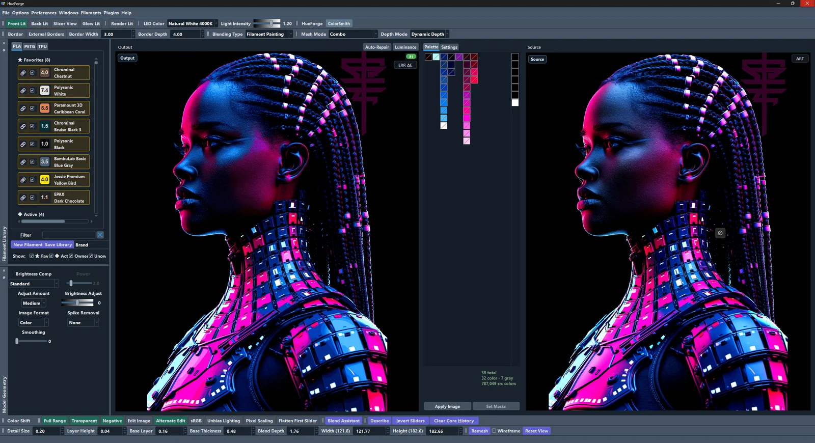 The HueForge desktop application with the ColorSmith plugin tab open, showing palette and swatch editing tools alongside a 3D print preview.